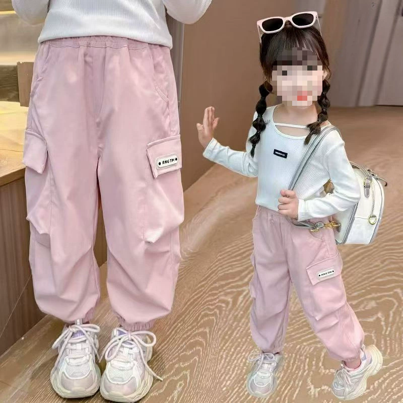 Модные летние тонкие детские брюки-карго с большими карманами, детские розовые детские весенне-осенние брюки