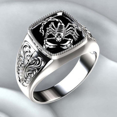 New European and American-style creative scorpion relief men's ring with epoxy resin, featuring a totem-patterned, intricately carved venomous scorpion design.