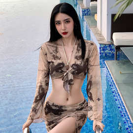 高级感气质女神防晒长袖网纱裙款四件套比基尼bikini分体游泳衣女