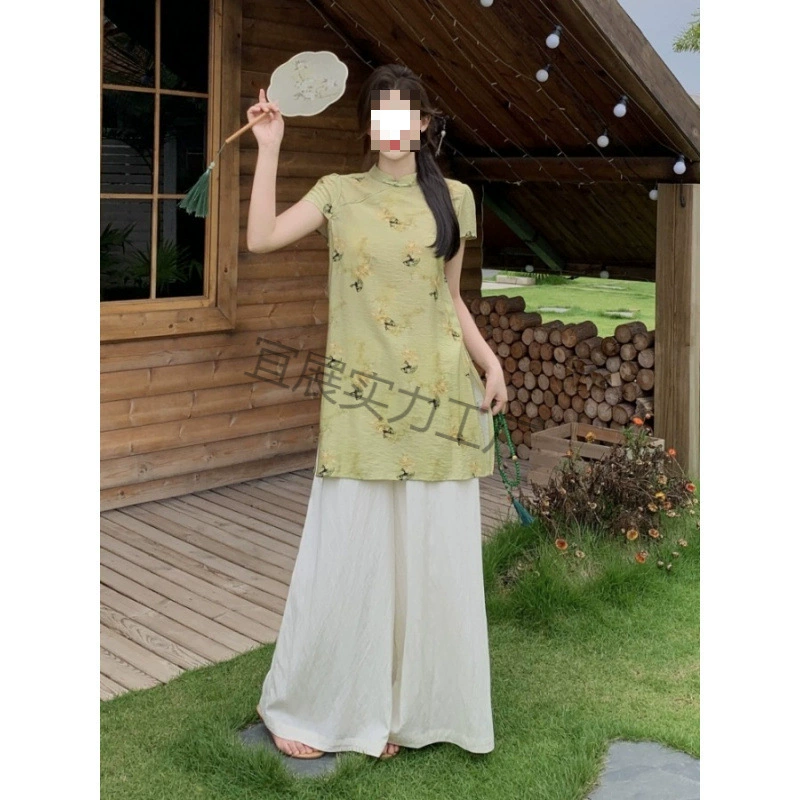 夏季大码优雅复古国风印花衬衫阔腿裤套装女气质显瘦两件套