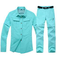 Outdoor women's quick-drying shirt long-sleeved detachable short-sleeved two-piece solid color quick-drying quick-drying pants set