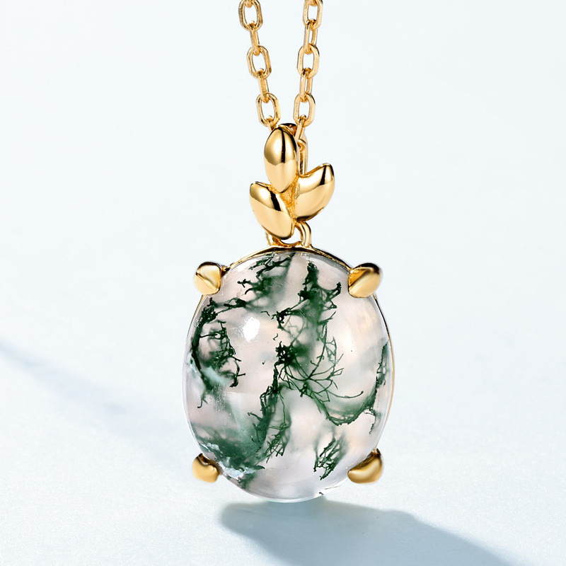 Nuevo estilo transfronterizo, encanto único, colgante de piedra de musgo verde natural S925 colgante de ágata con incrustaciones de plata, Europa y América