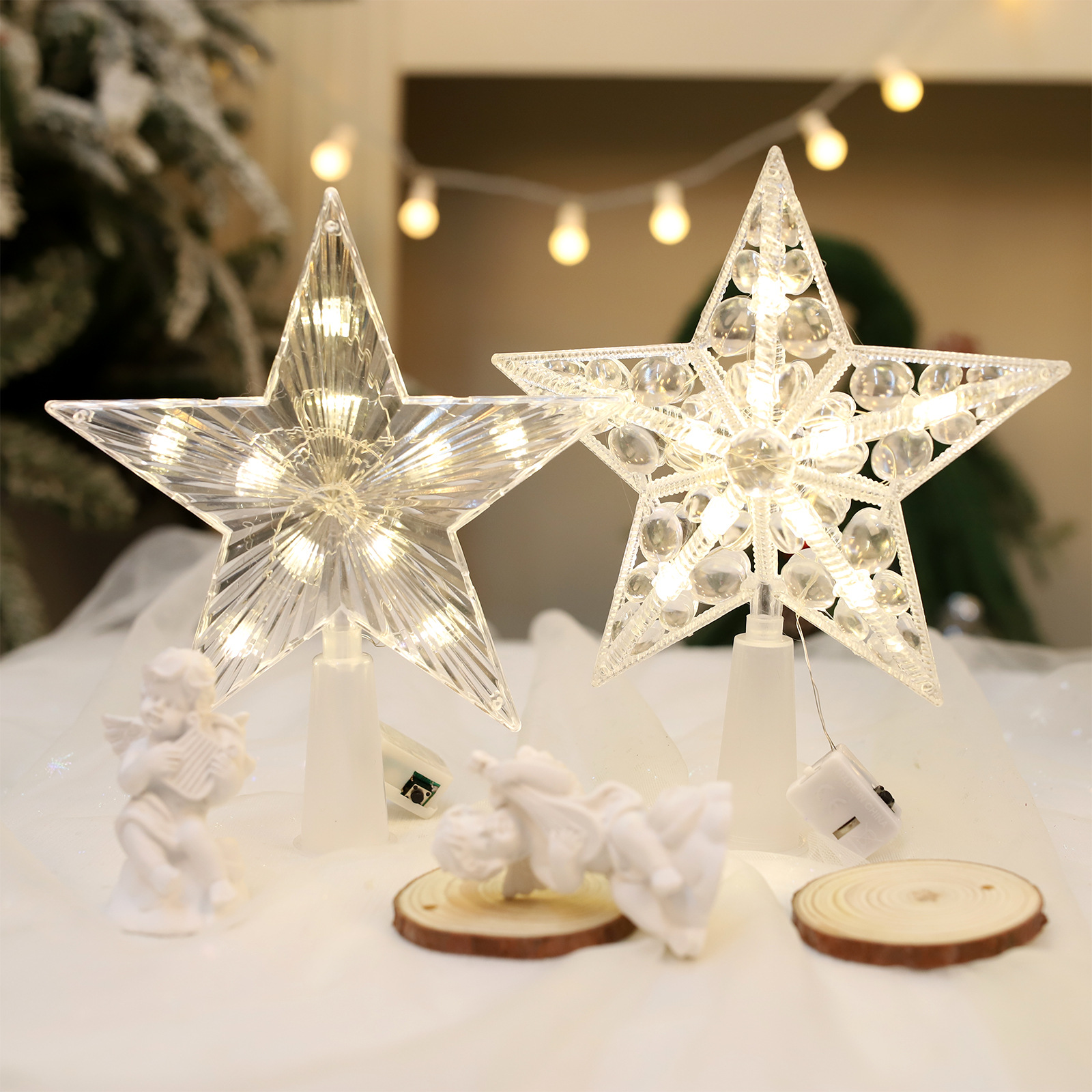 Christmas new light-up tree top star Christmas tree decoration supplies cross-border supply Christmas transparent five-pointed star with light