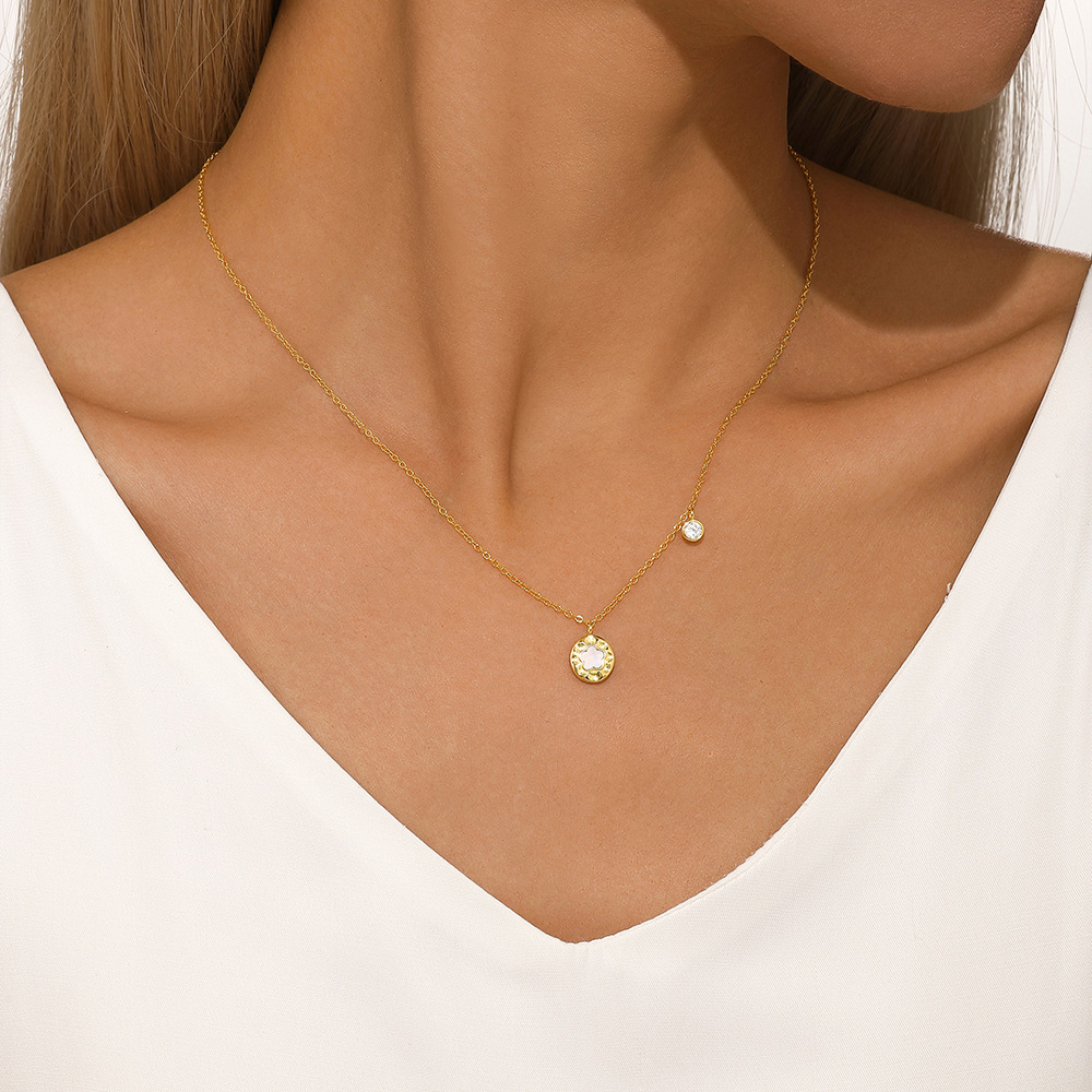 Shell, Zircon Inlay Material Pendant Necklace Classification 925 Sterling Silver Shell Zircon Cable Chain Inlay Round Pendant Necklace