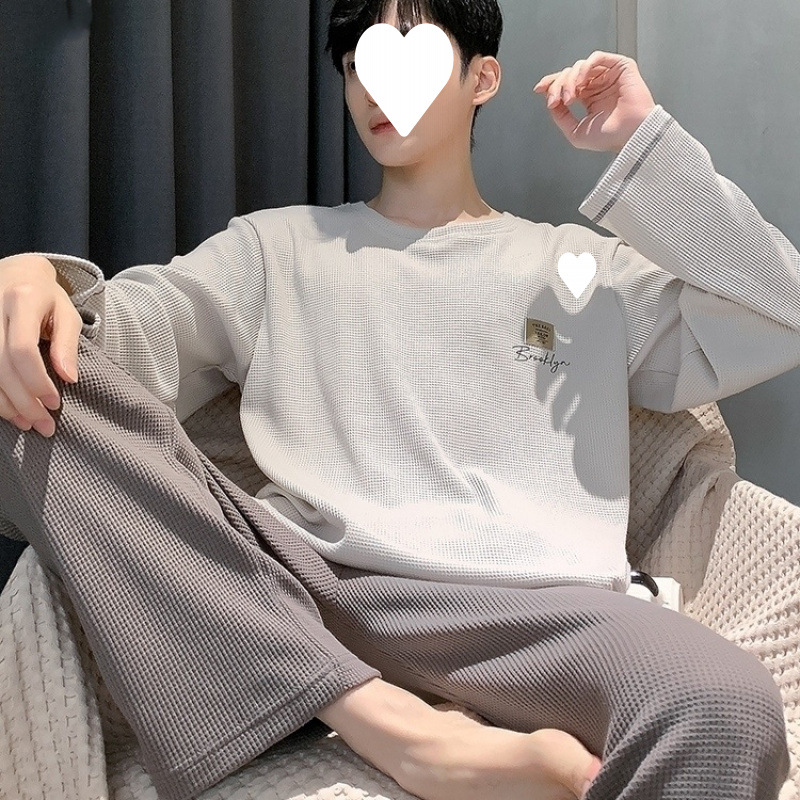 2024 남성용 새로운 스타일 잠옷 봄, 가을 긴팔 루즈 슈트 청소년 와플 중년 가정복