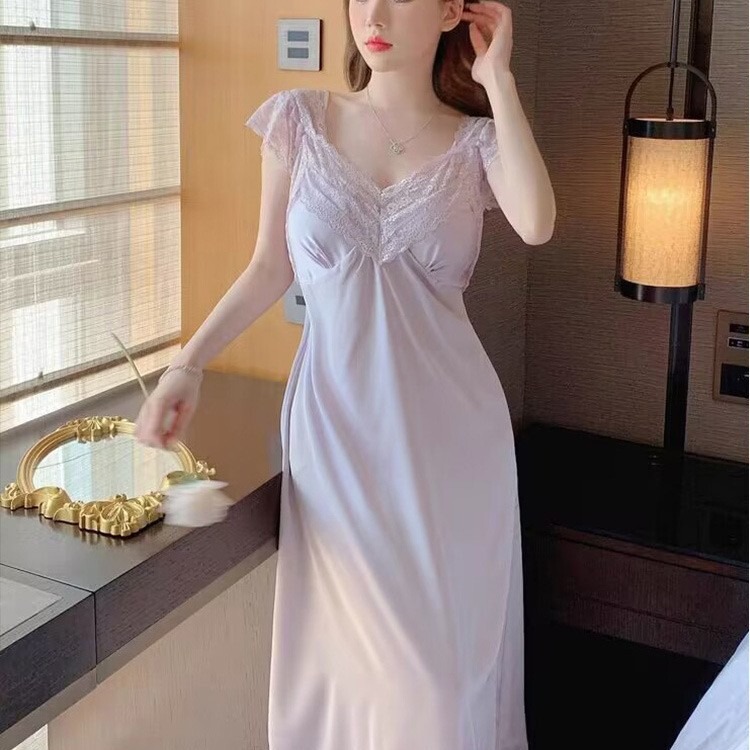 New Style Pajamas for Women Summer Ice Silk Sexy Lace Pure Lust Style Suspender Breast Pad Mid-Skirt Nightgown Home Clothes