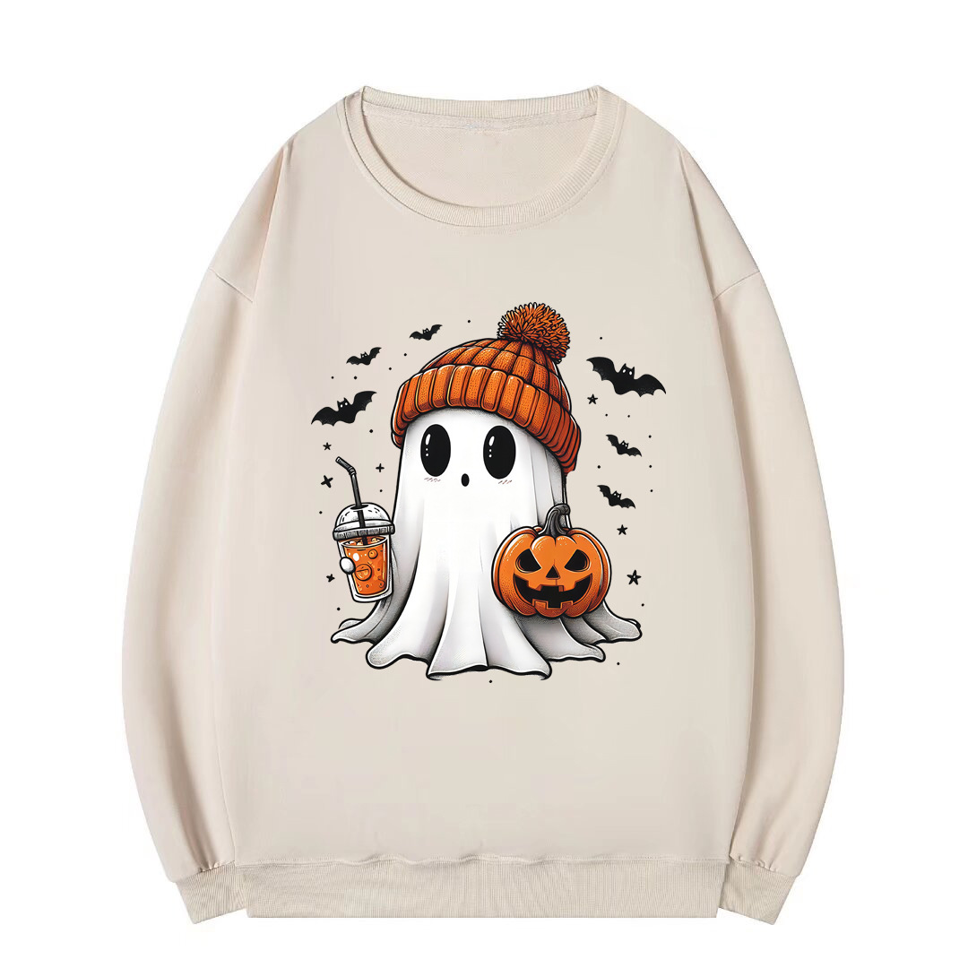 Women's Clothing Round Neck Halloween Sweater Ghost Pumpkin Bat Loose Large Size Terry Sweater Spot_voghion.com