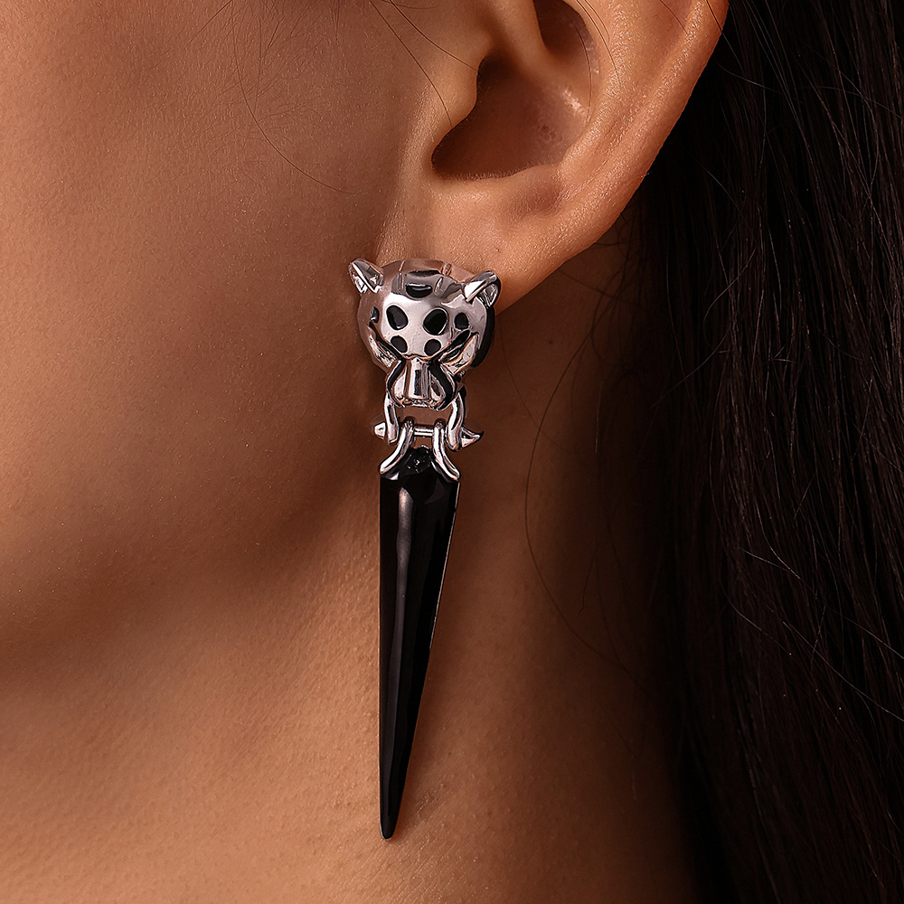 Fangtang Leopard Head Set With Zircon Triangle Tassel Exaggerated Earrings, Environmentally Friendly Material Personalized Earrings_voghion.com