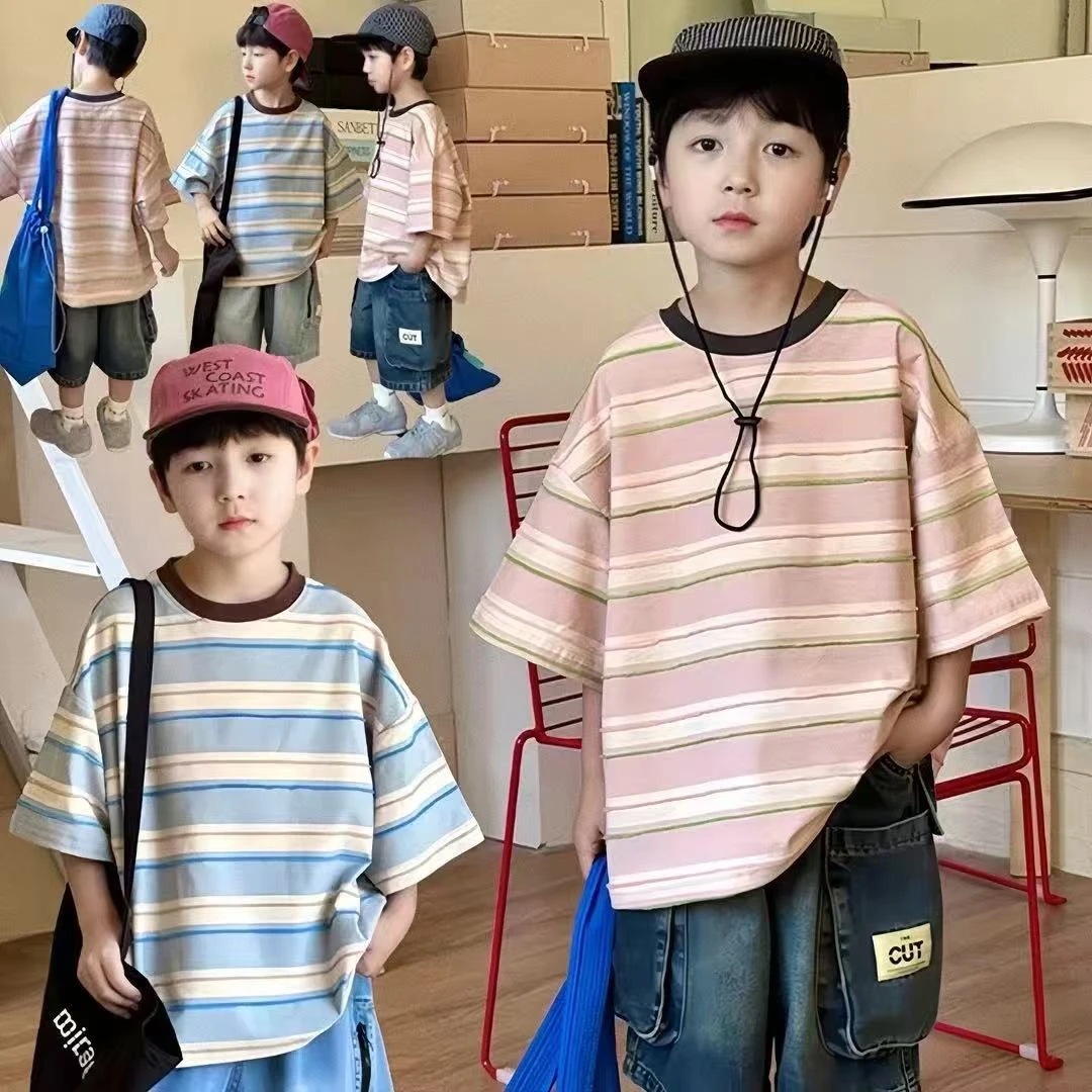 男童圆领短袖t恤 2025夏季新款韩版复古条纹纯棉短袖上衣童装批发