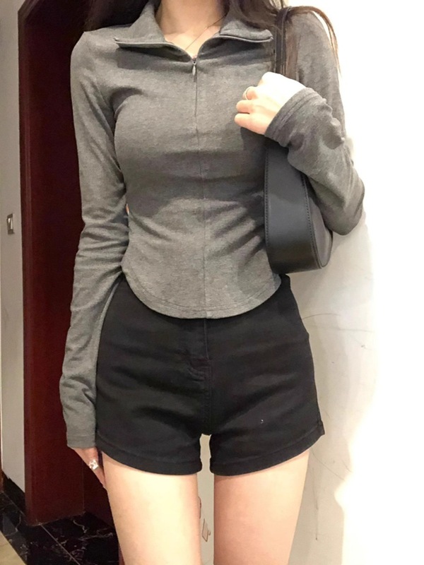 美式长袖上衣女修身拉链t恤春秋胖mm大码显瘦翻领紧身内搭打底衫|undefined