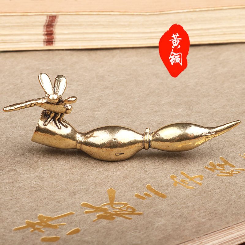 黄铜实心纯铜小摆件桌面手把件蜻蜓莲藕茶道茶宠雕铸古玩小铜器