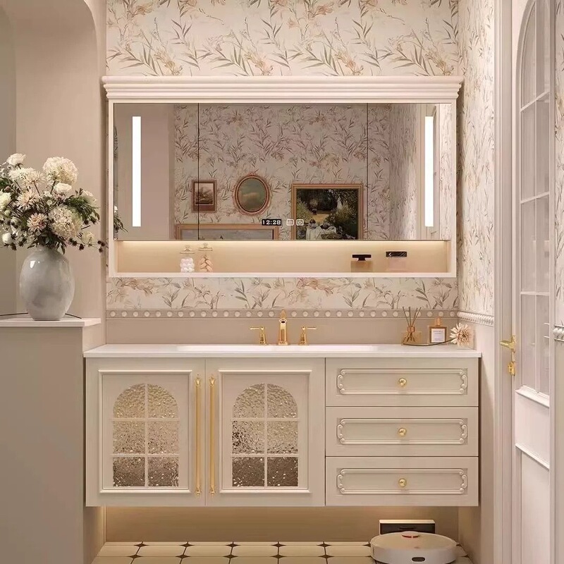 French-style oak bathroom cabinet with integrated ceramic sink, washbasin, and countertop French-style oak bathroom cabinet with integrated ceramic sink, washbasin, and countertop