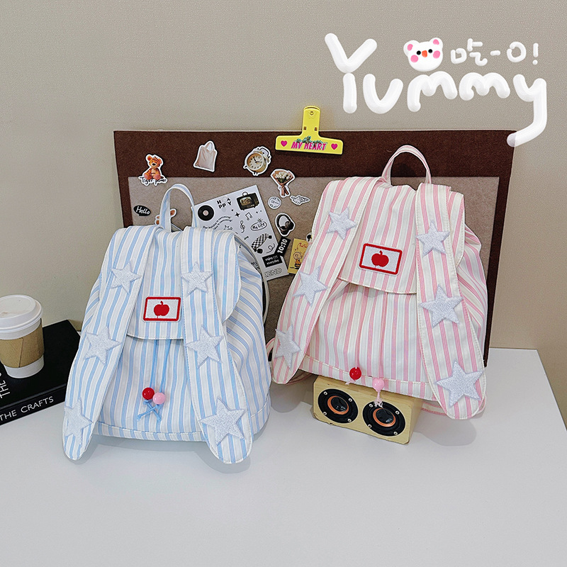 ウサギの耳ストライプバックパックピンクバックパックスター刺繍バッグ大容量通勤学生スクールバッグキャンバス|undefined