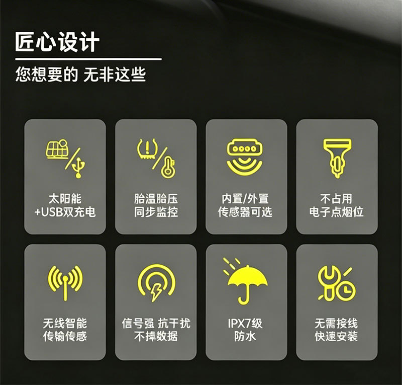 Mobile Phone-Connected Tpms Universal Wireless Solar-Powered Tire Pressure Monitor for Four-Wheel Vehicles, Internal and External Use, Two-In-One/0-7