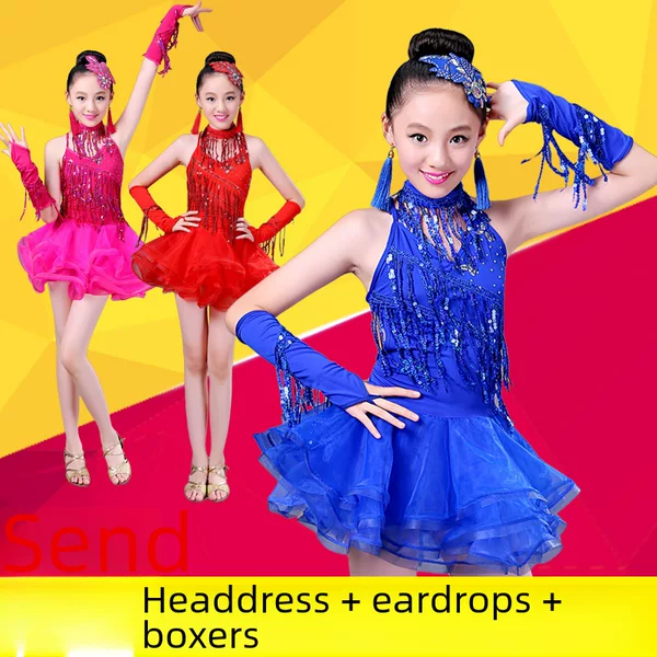 Children's Latin Dance Dress Summer Performance Costume Girl's New Modern Competition Sequin Tassel Dance Practice Performance Costume