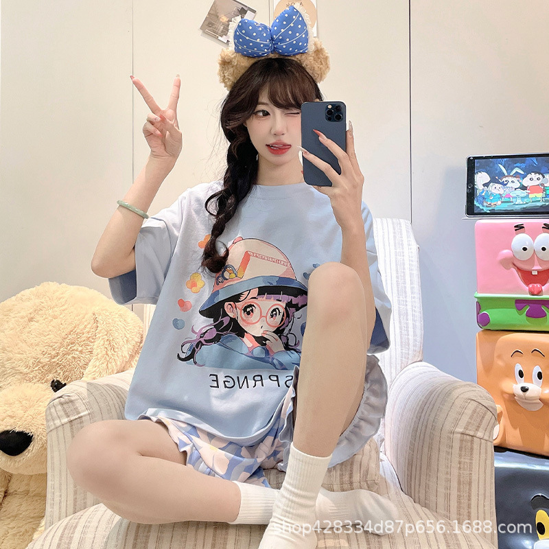 Pajamas for Women Summer Short-Sleeved Shorts Suit Summer Ladies New Student Large Size Cartoon Cute Thin Home Clothes