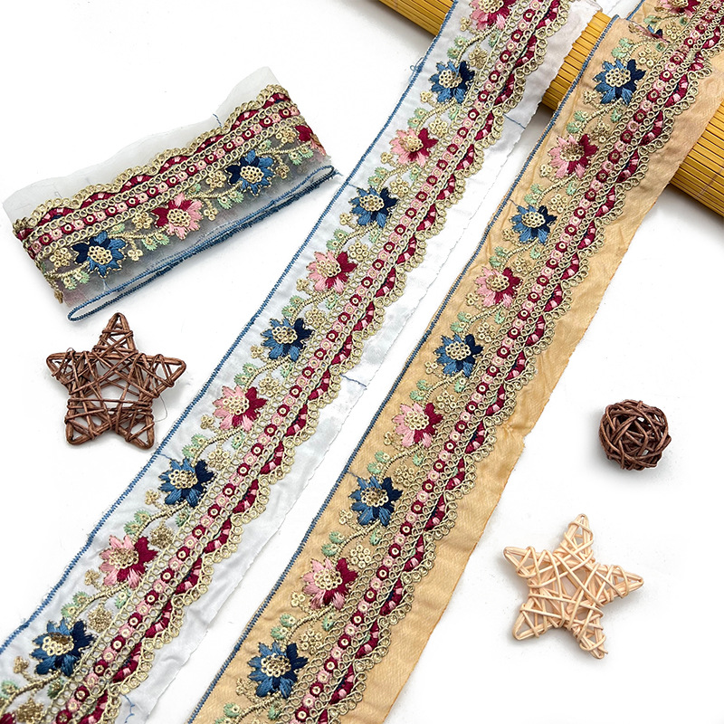 民族风闪金粉亮片金股绳刺绣花边欧根纱复古多色提花手工辅料批发