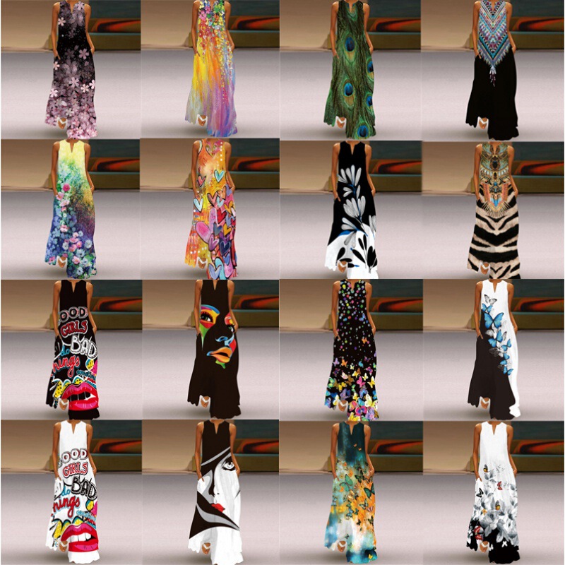 2022 New European and American Cross-border Independent Station Women's Sleeveless Long Dress V-neck Rose Flower Vintage Printed dress