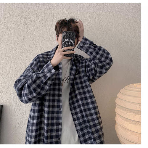 Men's Spring and Summer Long Sleeve Check Shirt, Layering Top, Retro Hong Kong Style, Relaxed and Cool Vibe, Loose Collared Shirt