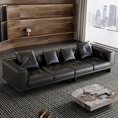 Italian Minimalist New Style Dalan Leather Sofa, Luxurious Living Room Top-Grain Beefhide Straight Three/Four-Seater Leather Sofa