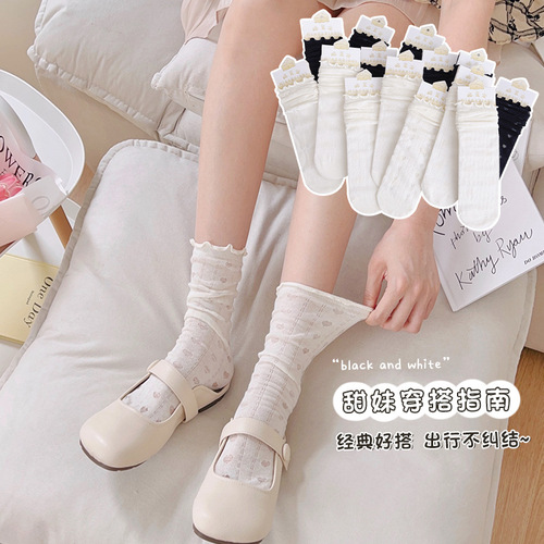White fungus edge socks women's mid-calf socks ins trendy pure cotton mesh summer thin Japanese style cute jk stockings
