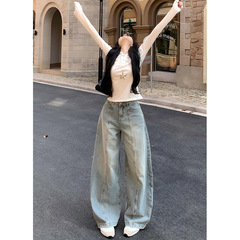 潮流浅色宽松阔腿牛仔裤女2025年早秋新款高腰百搭休闲拖地弯刀裤