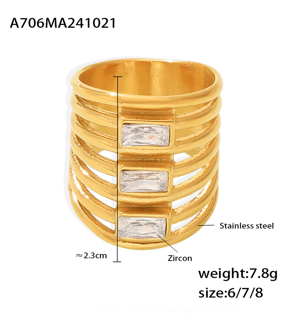 Square Sugar Multi Layer Square Zircon Exaggerated Ring Women's Fashion Hollow Out Versatile Stainless Steel Non Fading Finger Ring_voghion.com