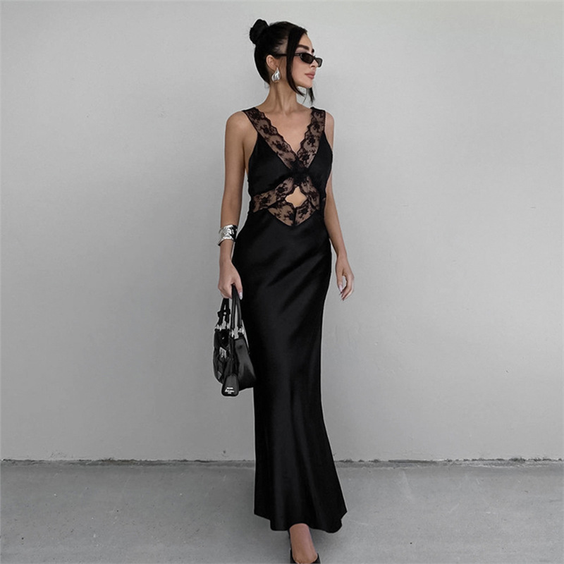 Fashionable Lace and Satin Patchwork Spaghetti Strap Long Dress for Women, Featuring a V-Neck and Bodycon Design, Summer Dress with an Elegant and Professional Look