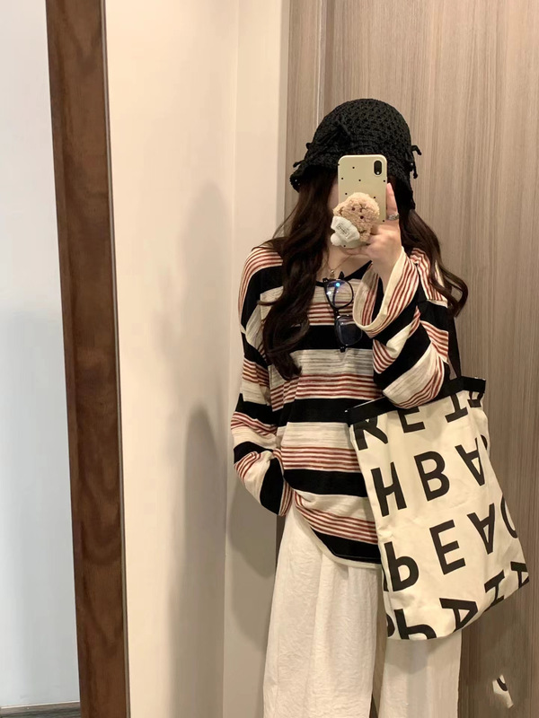 美式复古正肩V领条纹长袖t恤女秋内搭打底衫外穿宽松显瘦上衣服|undefined