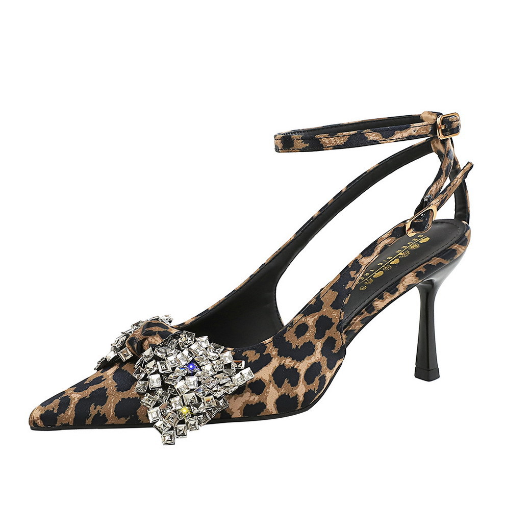 8718-BH159 European and American style leopard print sexy banquet buckle with rhinestone big bow pointed thin heel sandals