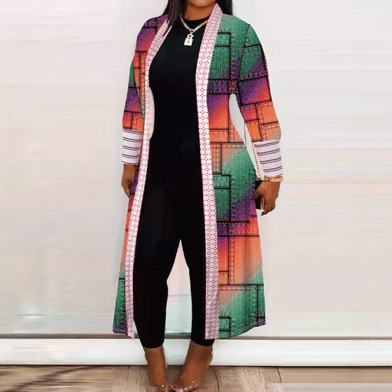 2025 Qi Code in stock European and American Women's Foreign Trade Cross-border Contrast Color Plaid Printing Striped Patchwork Casual Cardigan