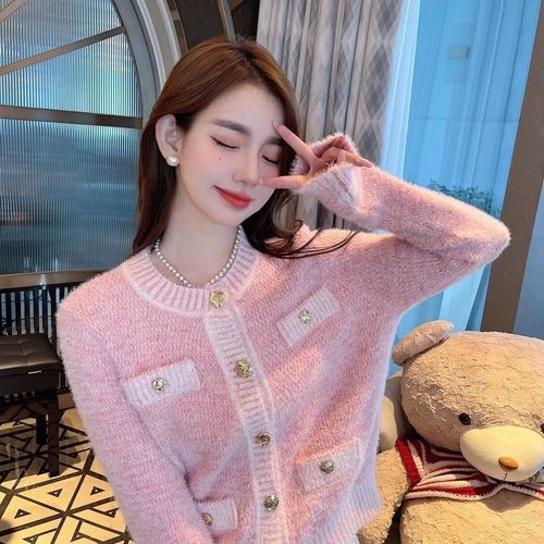High-quality faux mink cashmere lightweight knitted sweater with soft and feminine style, beautiful pink chiffon, regular size