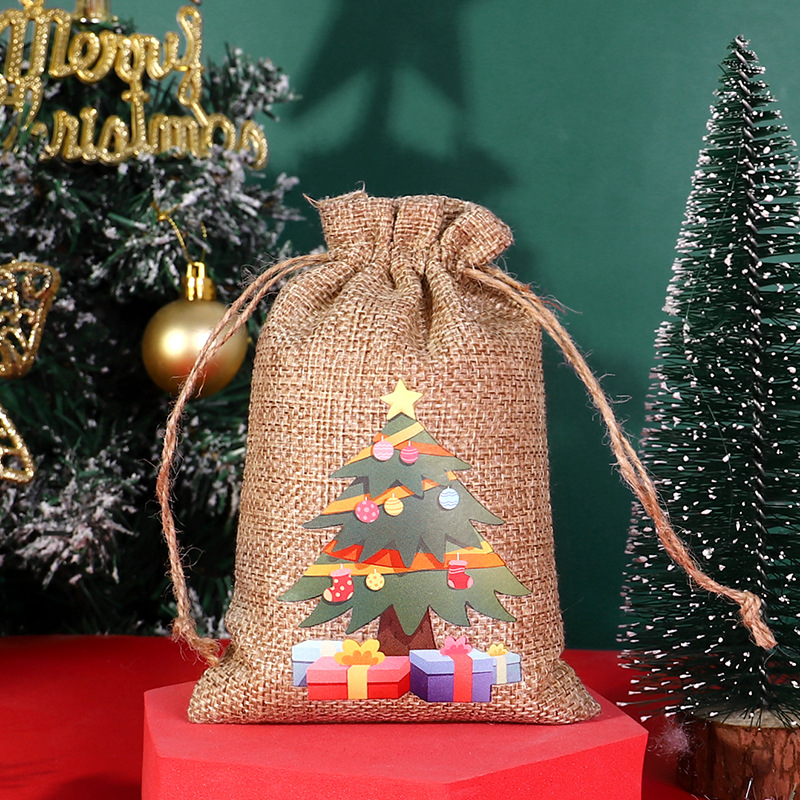 Transfronteriza nueva bolsa de lino de Navidad al por mayor bolsa de embalaje de caramelo con cordón decoraciones de Navidad bolsa de almacenamiento con cordón