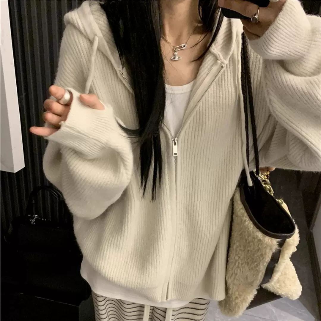韩系连帽拉链开衫毛衣女秋冬新款内搭慵懒风高级感上衣外套针织衫