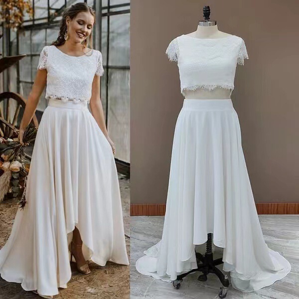 Cross-Border Foreign Trade Slim-Fit Two-Piece Lace Wedding Dress with Satin Back Slit, Personalized Travel Photography, Lightweight Wedding Dress
