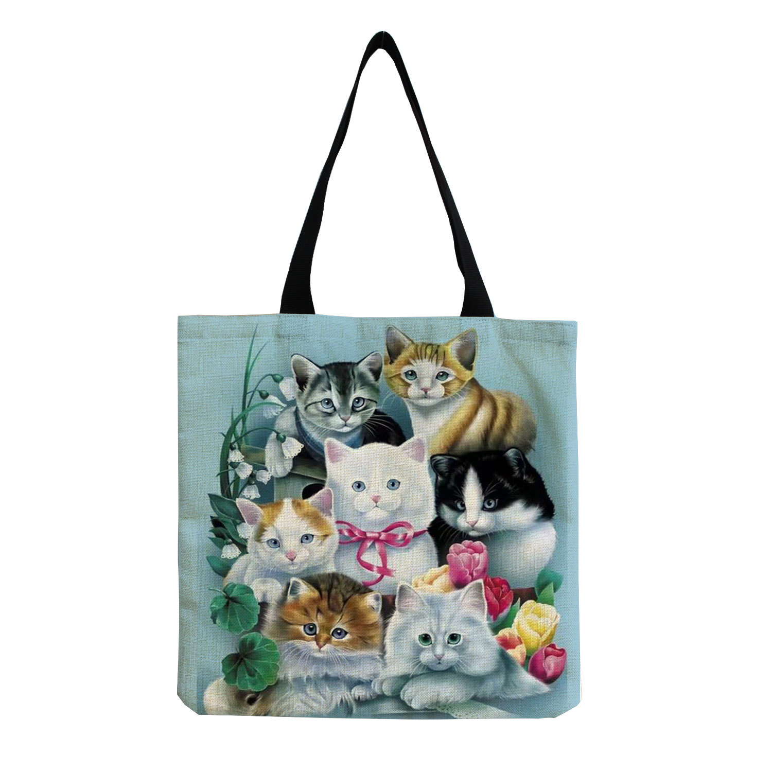 61g Weight Open Closure Type Double Handle Strap Type Tote Bag Bags Type Casual, Daily, Shopping Occasion cotton and linen Material Cat Pattern All Seasons Season Women's Gender Cute Style Square Shape Women's Cotton And Linen Cat Cute Square Open Tote Bag 11