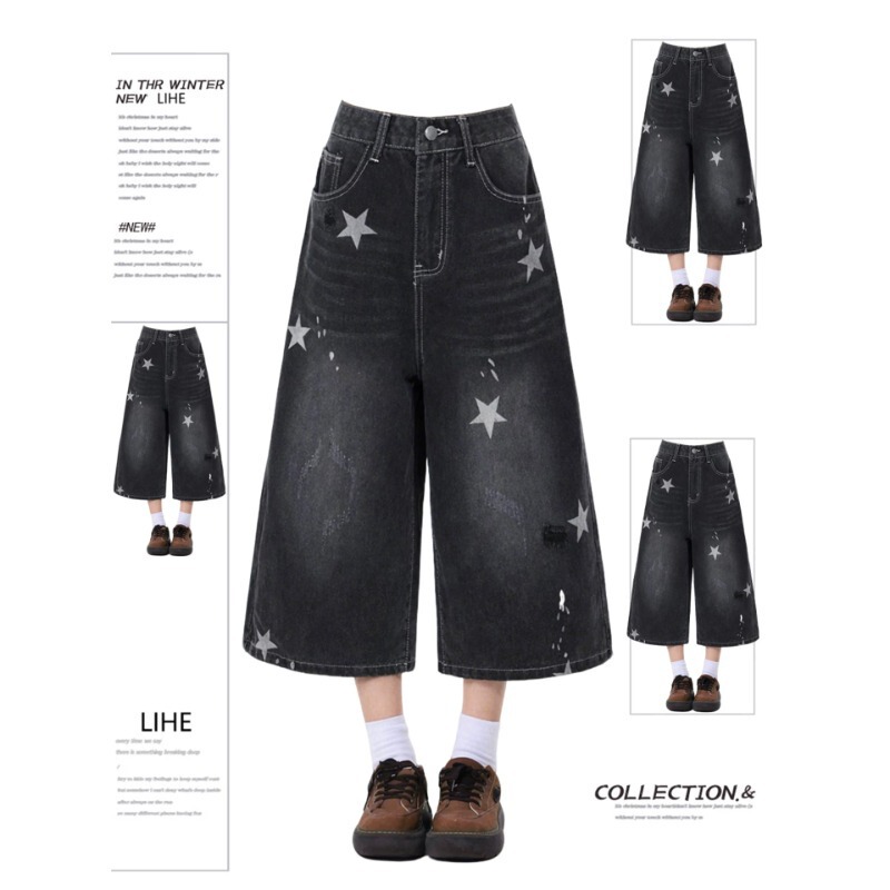 Black Star Print Denim Capri Pants for Women, Summer American Style, Plus Size, Slimming Wide-Leg Shorts, Mid-Length Pants