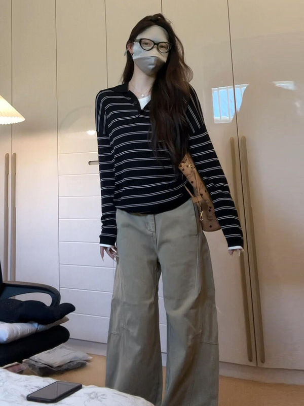 美式复古黑色条纹长袖polo衫t恤女2025早秋新款绝美巨好看的上衣|undefined