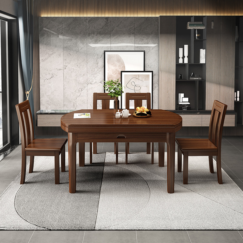 Walnut solid wood dining table and chair combination modern simple Chinese style small apartment table retractable folding round dining table