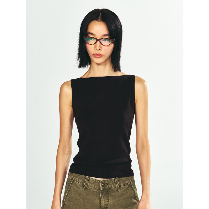 【Time-Perceving Black Label】New Product: Women's Slim-Fit Elastic Cotton Sleeveless Off-Shoulder Tank Top V63177