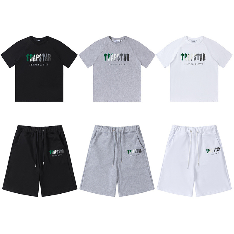 Verano nuevo trapstar letras verde blanco gris gradiente de color bordado toalla traje casual hombres y mujeres pareja mismo estilo