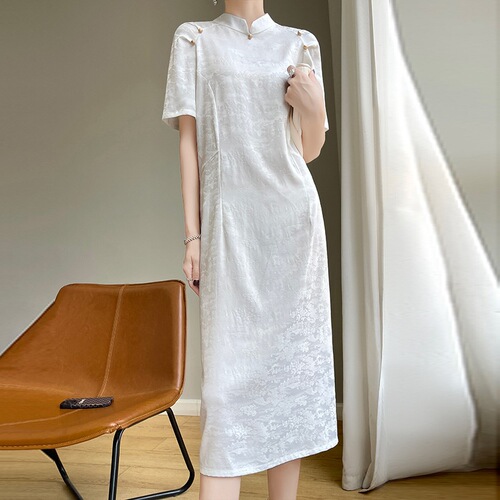 Silk Satin Acetate 2025 Spring Summer New Women's V-Neck Medium Length Slim Fit Hooded Chinese Style Cheongsam