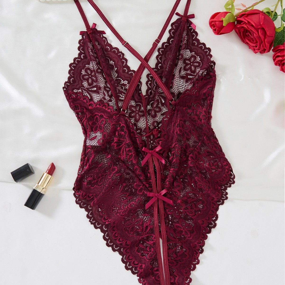 クロスボーダー専用レース深vストラップボディスーツ股の透視交差美背セクシーセクシー下着21077