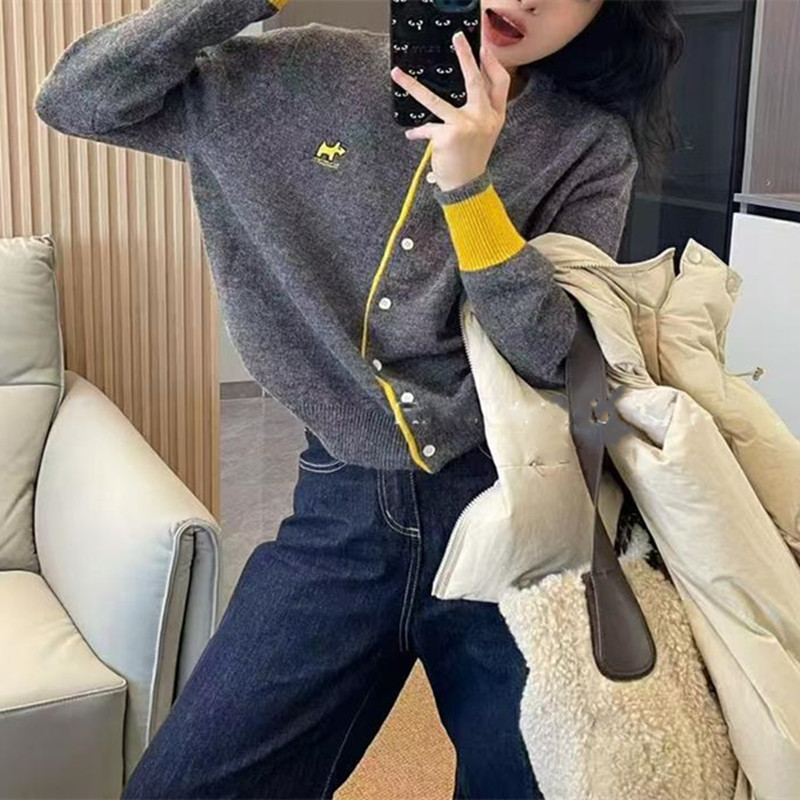 韩版新款跨境显瘦百搭撞色设计刺绣狗拼色袖针织开衫毛衣针织开衫|undefined