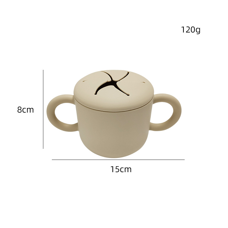 Doble oreja de tipo pétalo abierto de silicona snack taza con mango bebé snack caja creativa beber taza en stock