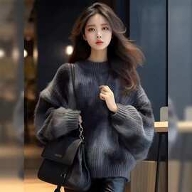 高级感超好看黑灰色扎染毛衣女秋冬新款美式复古圆领针织衫上衣潮