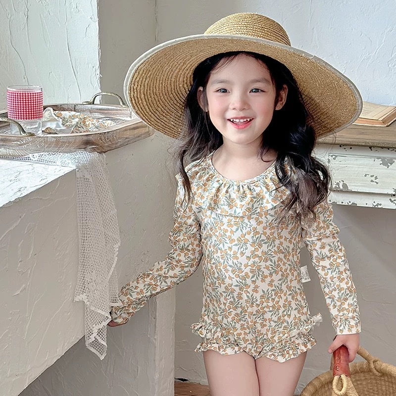 New Children's Swimsuit Long-Sleeved Sun Protection Girl Princess One-Piece Quick-Drying Swimsuit Suit Small and Medium-Sized Baby Swimsuit