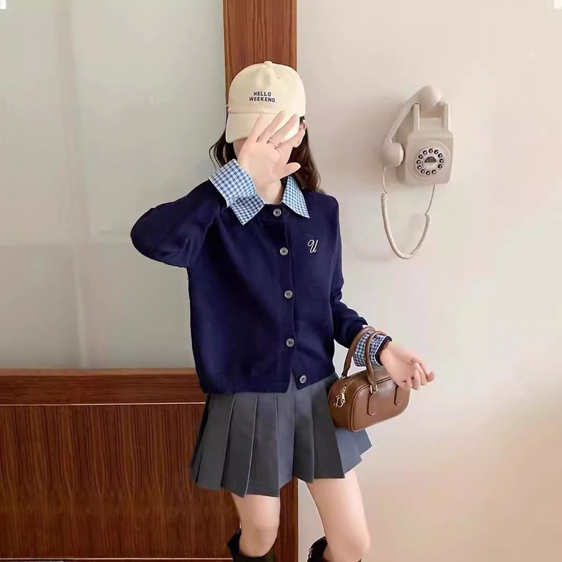 Plaid Stitching Fake Two-piece Sweater Women's Autumn and Winter New Style Chic Embroidered Loose College Style Long-sleeved Cardigan Sweater