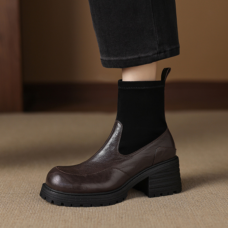 Boot cổ ngắn cao gót đế dày mũi tròn phong cách retro thu đông 2025, phối dệt kim, gót thô ôm chân — nhung đen, Nhung nâu, Lớp lót đơn màu đen, Lớp lót đơn màu nâu