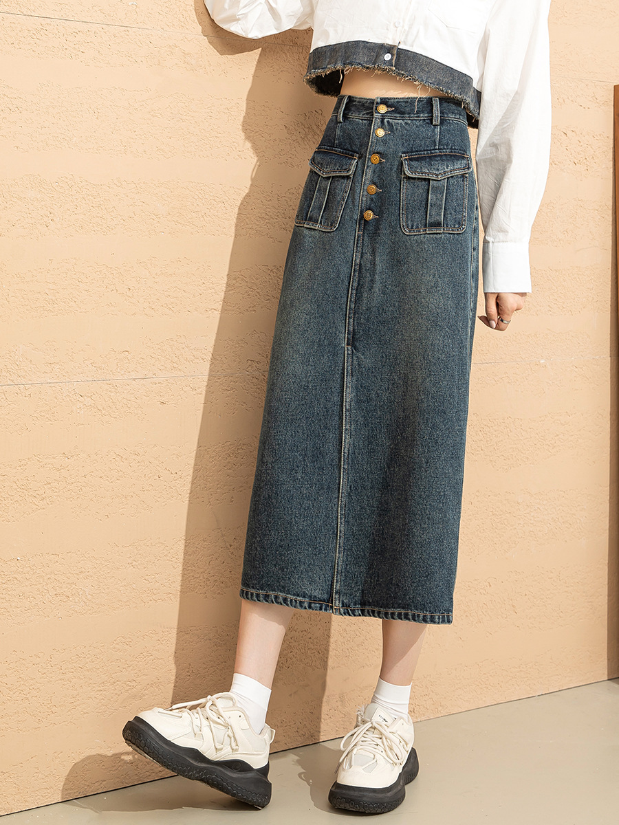 Chân váy denim cạp cao chữ A dáng dài vừa phong cách cổ điển tôn dáng — Màu xanh lam